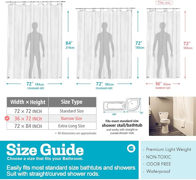 Ga-Geetopia Narrow Size - Thin PEVA Clear Plastic Shower Curtain Liner 36"x72" Water Repellent Lightweight Odorless Clear Bathroom Office Classroom Showroom Curtain Liner for Stall