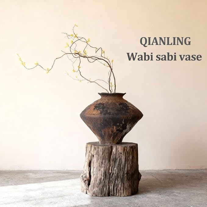 Wabi Sabi Rusty Vintage Vase, 11.4" Tall Wabi Sabi Decor Rustic Farmhouse Pottery Vase for Centerpiece, Textured Pottery Flower Vases for Home Decorative, Table, Living Room (Black Brown, Large)