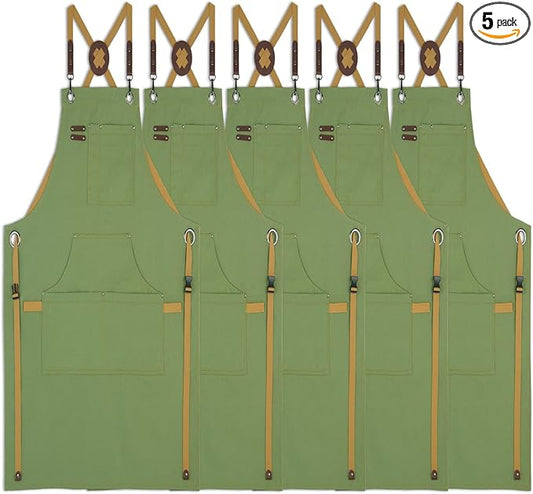 5 Pack Kitchen Apron, Work Apron, Canvas, Multiple Pockets, Gardening, Painting, BBQ, Artist, Carpenter, Sizes M to XXL, Olive