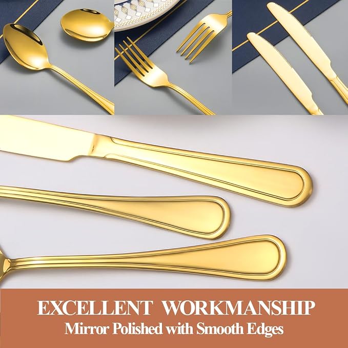 20 Pcs Gold Silverware Set for 4, Food Grade Stainless Steel Flatware Set, Eating Utensils Sets Include Fork/Knife/Spoon, Reusable Cutlery Set for Home Kitchen, Dishwasher Safe, Double-stripe