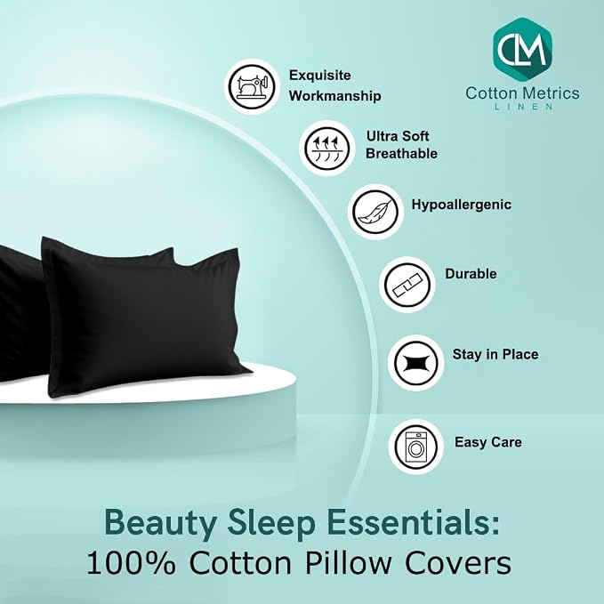 2 Pack Pillow Shams King Size 20x40 – 600 Thread Count 100% Organic Cotton Black Pillow Covers with 2 Inch Decorative Flange, Soft & Smooth Premium Hotel-Quality Pillowcases Set of 2