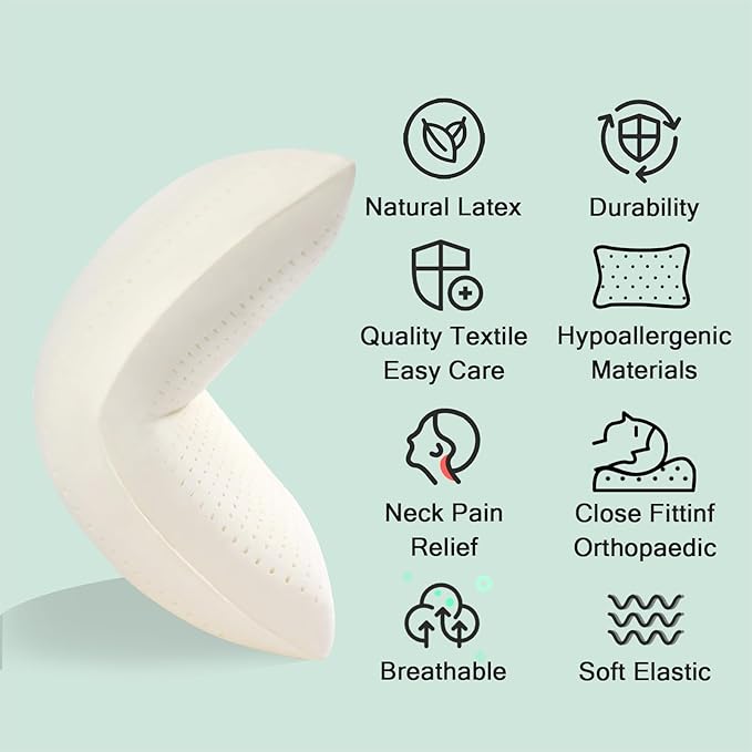 Natural Talalay Latex Pillow, Bed Pillow for Neck Pain Relief, Breathable Cooling Pillow with 100% Cotton Cover, Oeko-TEX Certified Support for Side, Back Sleepers (1, Queen (Mid Loft))