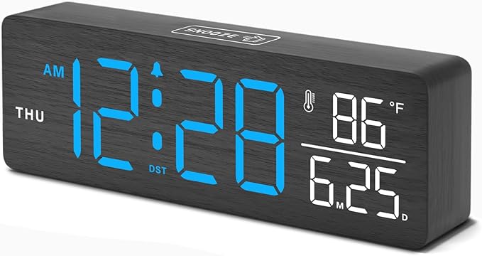 DreamSky Wooden Digital Alarm Clocks for Bedrooms – Large Display Desk Clock with Date & Day of Week for Living Room, Temperature, Dimmer, Adjustable Volume, Auto DST, Office Wood Décor (Plug-in)