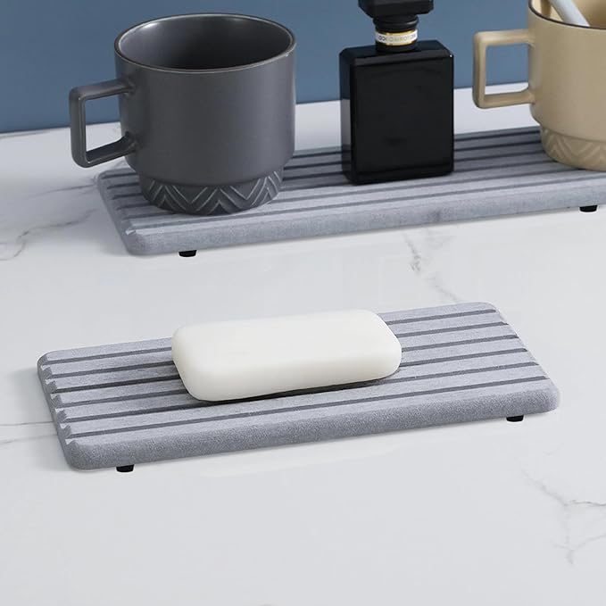 Water Absorbent Diatomite Coasters 12.2 Inch x 5.5 Inch 2 Pcs Grooved Design Diatomaceous Earth Soap Holder Grey Water Absorbing Stone Tray for Sink Cups Plants Cosmetic Bottles