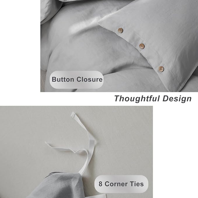 TOSMO 100% Linen Duvet Cover Set with Button Closure, 3 Pieces (1 Duvet Cover with 2 Pillowcases), Soft Breathable Durable Farmhouse Bedding - Full, Soft Grey