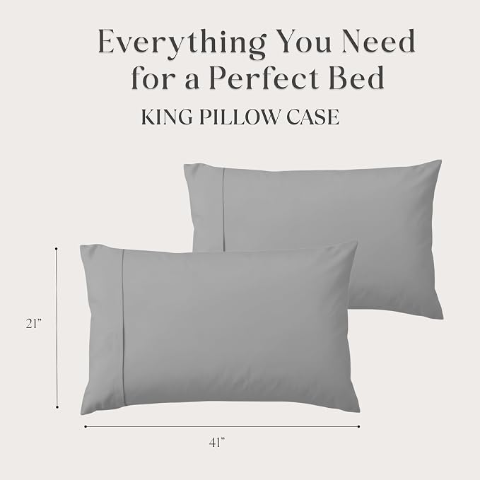 Delilah Home 100% Organic Cotton King Pillow Case, GOTS & Vegan.org Verified, Long Stem 300 TC Sateen Bedding, Non-Synthetic, Deep Pocket Fitted Linen, Lightweight, All-Season, 2 Pieces Set - Grey