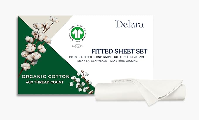 GOTS Certified 100% Organic Cotton Sheets, 400TC Long Staple Cotton, Ultra Soft Silky, Moisture-Wicking, Smooth & Breathable, with Elasticized Deep Pocket