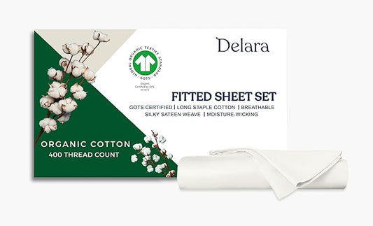 GOTS Certified 100% Organic Cotton Sheets, 400TC Long Staple Cotton, Ultra Soft Silky, Moisture-Wicking, Smooth & Breathable, with Elasticized Deep Pocket