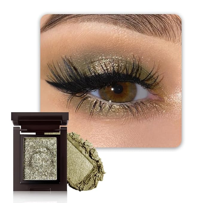 Gold Green Single Shimmer Glittle Eye shadow Palette Makeup, Single Shimmer Eyeshadow for Older Women, High Pigment Natural Sombras Crema Para Ojos, Talc, Paraben & Cruelty Free (02#Gold Green)