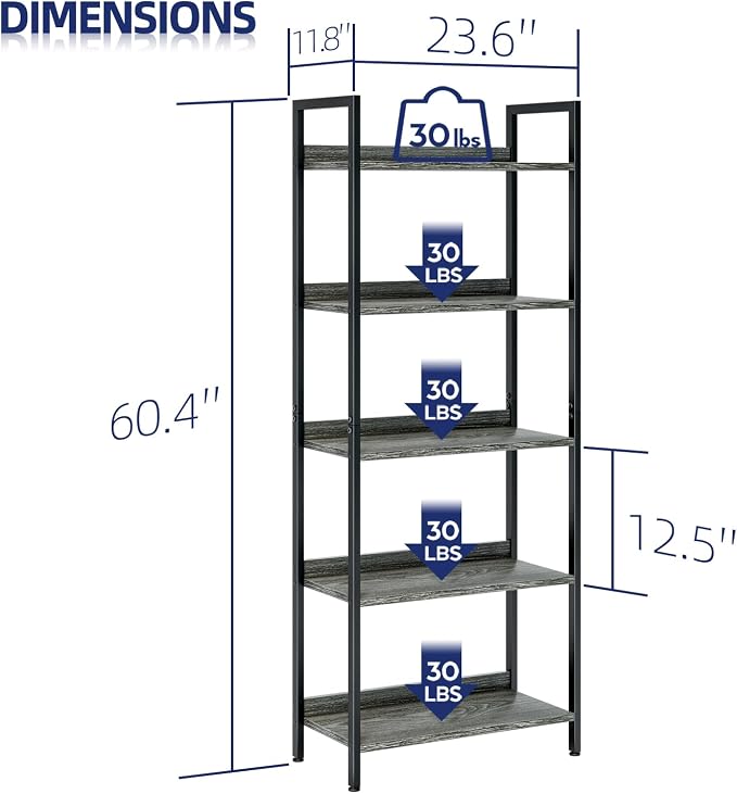 NUMENN Bookshelf, 5 Tier Bookshelves, Home Office Bookcase Shelf Storage Organizer, Free Standing Storage Shelving Unit for Bedroom, Living Room and Home Office, Dark Grey