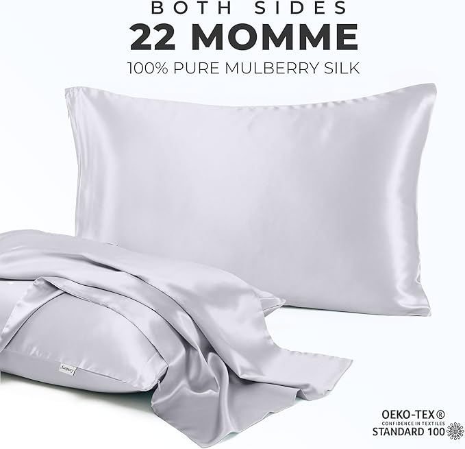 100% Pure Mulberry Silk Pillowcase for Hair and Skin, 6A Grade 22 Momme Silk Pillow Cases with Zipper, Soft Cooling Washable Both Sided Silk Pillow Cover (Silver Grey, Queen 20''x30'')