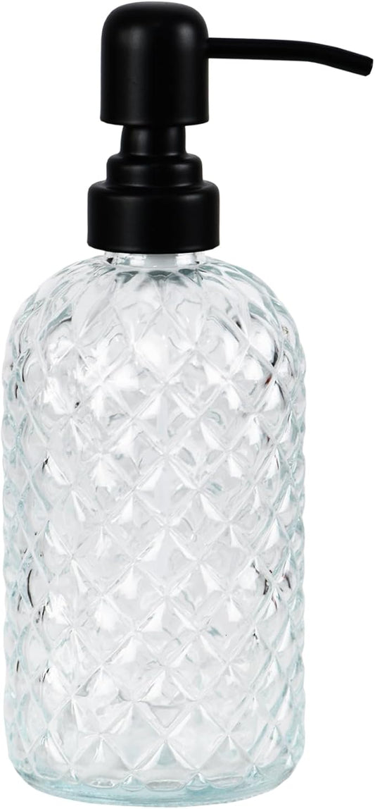 12Oz Glass Soap Dispenser with 304 Black Rustproof Stainless-Steel Pump, Refillable Glass Soap Dispenser for Kitchen, Bathroom, Farmhouse (Clear)