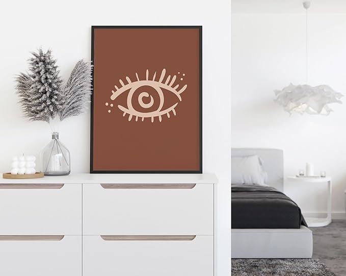 Mystical Evil Eye Wall Art Nazar Protection Symbol Earth Tones Terracotta Mid Century Modern 12x16 Inch Oak Wood Black Framed Boho Spiritual Decor Print for Home