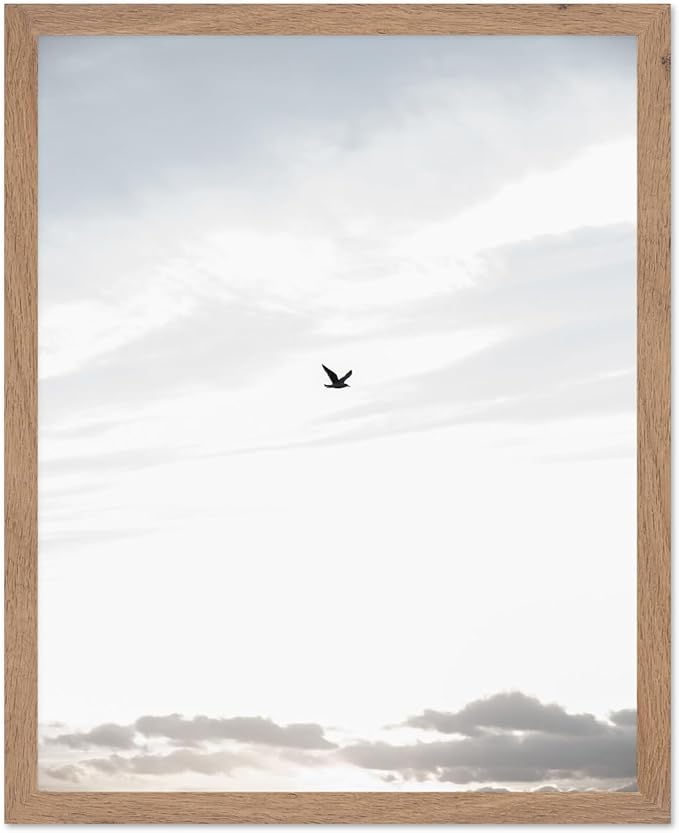 Monem Art Minimalist Bird in Sky Photography Print - Moody Nordic Landscape Art Poster - Wall Decor for Living Room, Bedroom or Office - 12x16 Beige Framed Wall Art by Mareike Bohmer