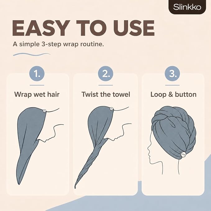 Microfiber Hair Towel Wrap for Women – Ultra Absorbent Quick Dry Turban | Button & Loop Design | Soft Lightweight Fabric | Reduces Frizz & Breakage | All Hair Types | Blue & Grey