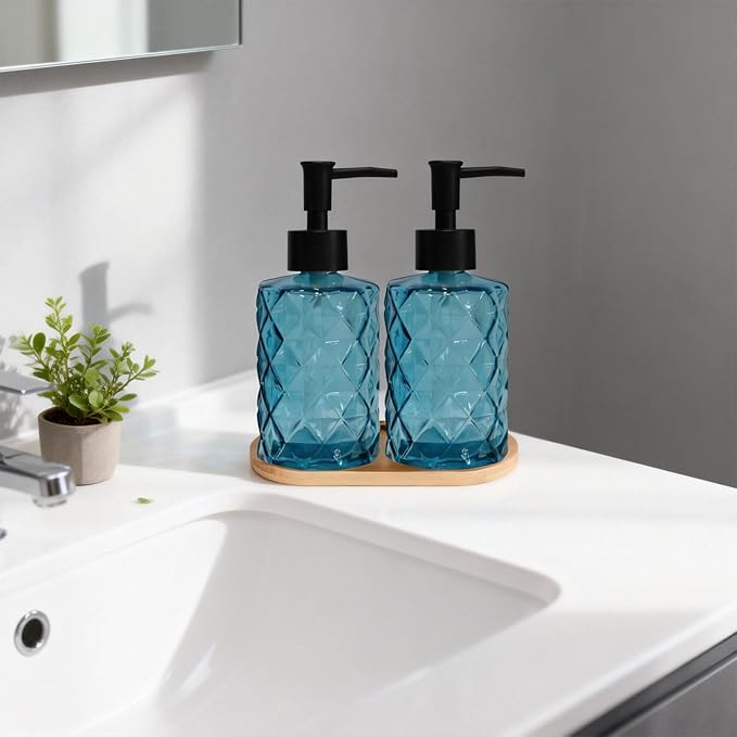 Glass Hand and Dish Soap Dispenser Set of 2 with Plastic Pumps, Bamboo Tray, 12oz Blue Bathroom Soap Dispenser with Diamond for Hand Wash & Dish Wash, Ideal for Bathroom Kitchen Countertop