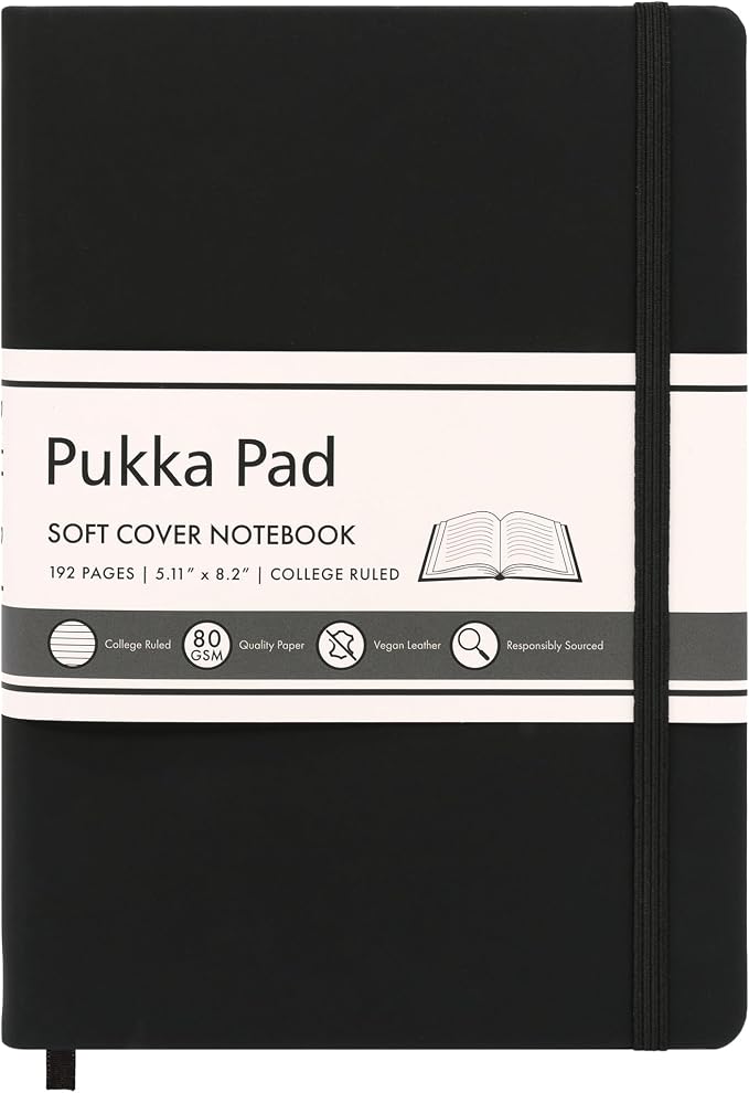 Pukka Pad Soft Cover A5 Notebook – Vegan Leather Journal with 192 Pages, 96 Sheets of 80GSM Ivory Paper, College Ruled without Margins – 5.8 x 8.2in, Black
