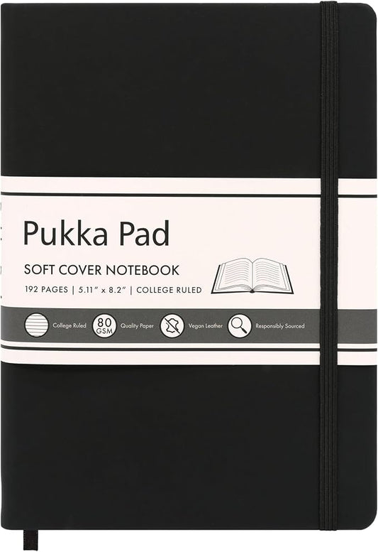 Pukka Pad Soft Cover A5 Notebook – Vegan Leather Journal with 192 Pages, 96 Sheets of 80GSM Ivory Paper, College Ruled without Margins – 5.8 x 8.2in, Black