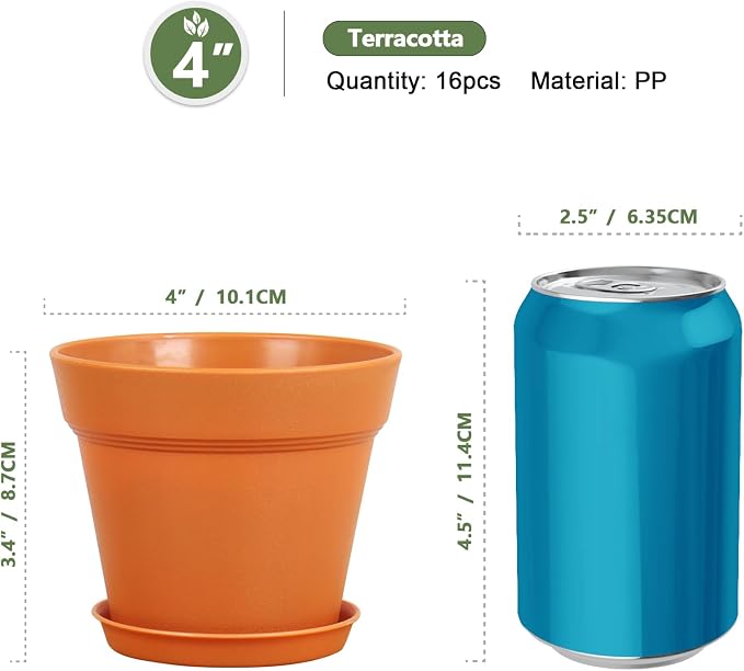 Meowell 4 inch Small Plastic Nursery Pots, 16 Pack Plant Pots for Indoor Outdoor Plants, Flower Pots with Drainage Holes and Saucers, Decorative Seedling Starter Planters for House Plants, Terracotta