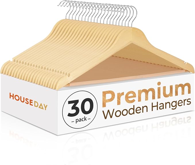 HOUSE DAY Premium Wooden Hangers 30 Pack - Heavy Duty & Durable Coat Hanger | Natural Wood Suit Hangers, 360° Swivel Hook & Pant Bar, Ideal for Jackets, Dresses, Shirts, Perfect for Closet Organization
