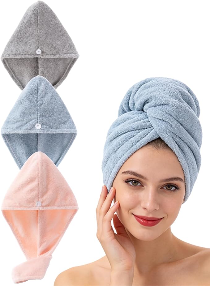 Lumimi Hair Towel Wrap 3 Pack for Women - Microfiber Fast Dry Turban with Button, Lightweight Absorbent Hair Cap for Straight/Curly/Long Hair, 25cm x 65cm Travel Towel (Blue+Pink+Light Grey)