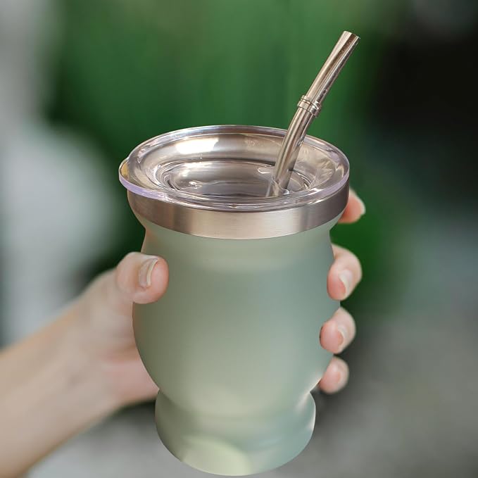 Beruth Bombilla Yerba Mate Gourd, 8oz Stainless Steel Tea Cup Set with a Multifunctional Lid, Two Straws and Cleaning Brushes, Double Walled Coffee Mug Heat Insulation Anti Scalding (Avocado Green)