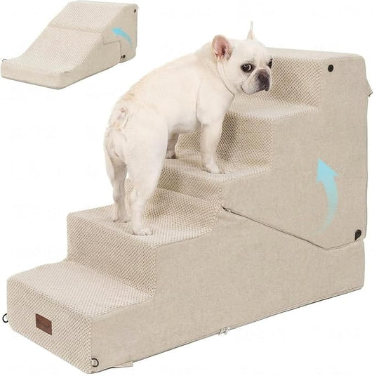 5-Step Dog Stairs and Ramp for Small Dogs and Cats, Pet Steps for High Bed with Non-Slip Bottom, Beige