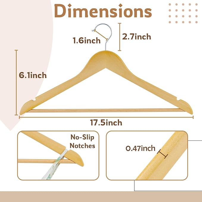 Wooden Hangers, 20 Pack Wood Hangers with Extra Smooth Finish, Precisely Cut Notches and Chrome Swivel Hook, Wooden Clothes Hangers for Shirt Suit Jacket Dress