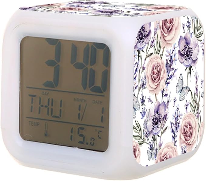 Digital Alarm Clock,Lavender Roses and Butterfly 7 Color Change LED Digital Alarm Clock with Date Thermometer for Toddlers,Girls and Boys
