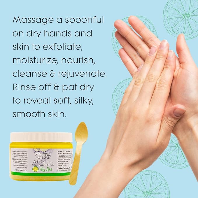 The Keys Salt Scrub -Sea Salt Scrub - Exfoliating Body Scrub with Wooden Spoon - Moisturizing Exfoliator for Hands, Foot, Bath, (12 Ounce (Pack of 1), Key Lime)