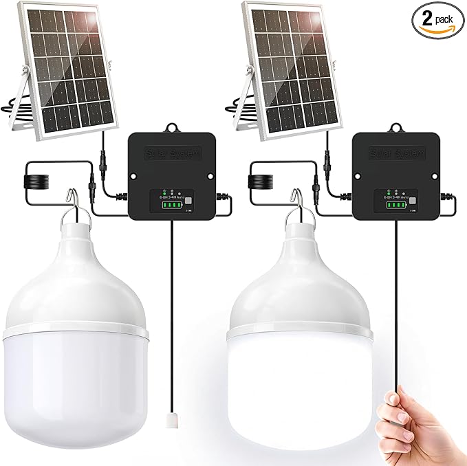Solar Shed Light Indoor Outdoor, 6500K Daytime Available Pendant Light with Pull String, Power Display & Mode Indicator, IP65 Waterproof Solar Lights with 3 Lighting Modes for Garage Gazebo - 2 Pack