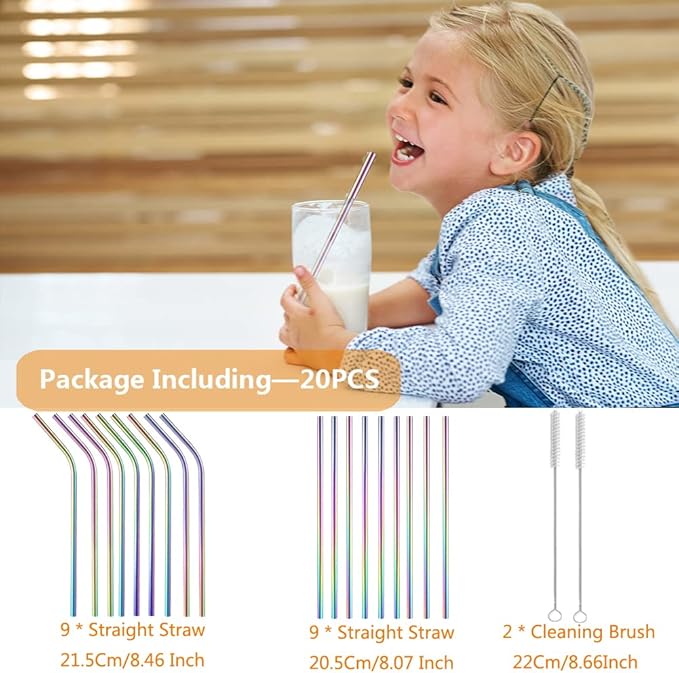 AOTWAN 20-Pack Reusable Stainless Steel Metal Straws Colourful, 9 Straight + 9 Bent 8.5'' Metal Straws for 20 oz Tumblers Dishwasher Safe with 2 Cleaning Brushes