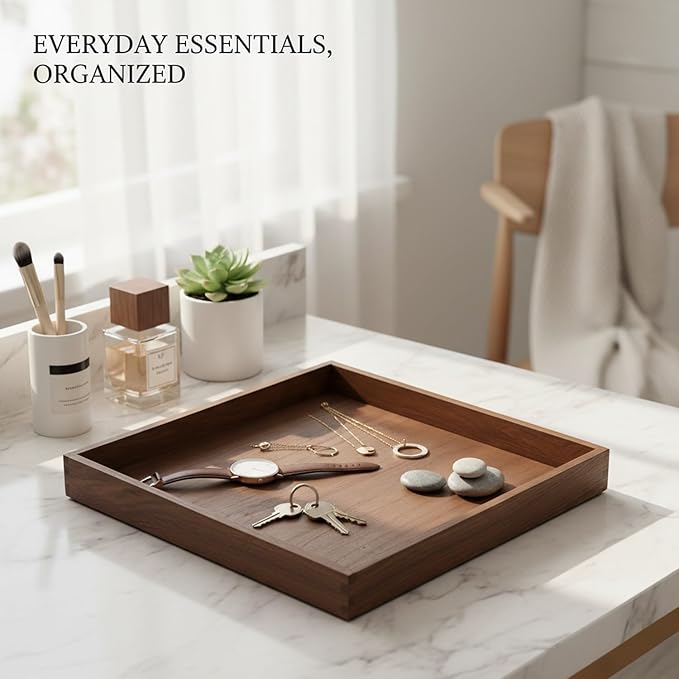 Solid Black Walnut Wood Desk Organizer Tray for Office, Entryway, and Home Storage