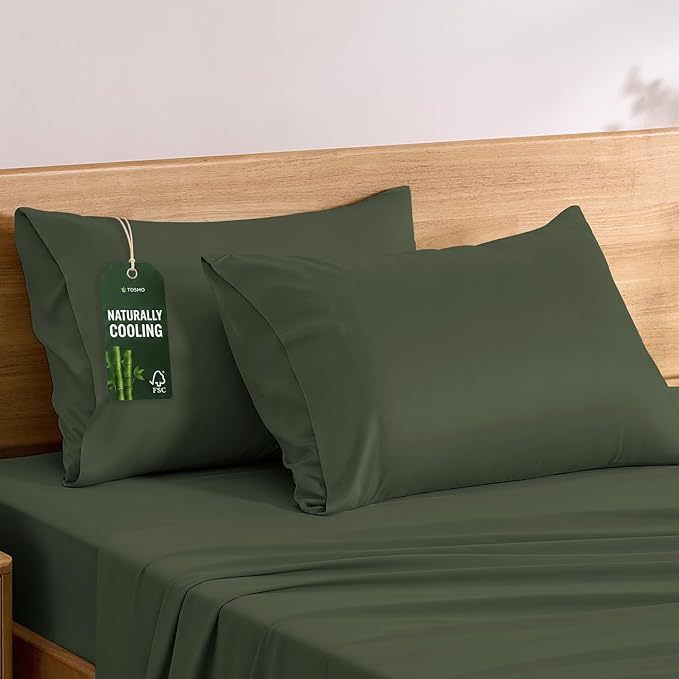 TOSMO Luxury Pillow Case Set of 2 - Cooling Viscose Derived from Bamboo - Oeko-TEX, Breathabl Silky Soft Pillow Cases with Envelope Closure (Queen / 20x30, Olive)