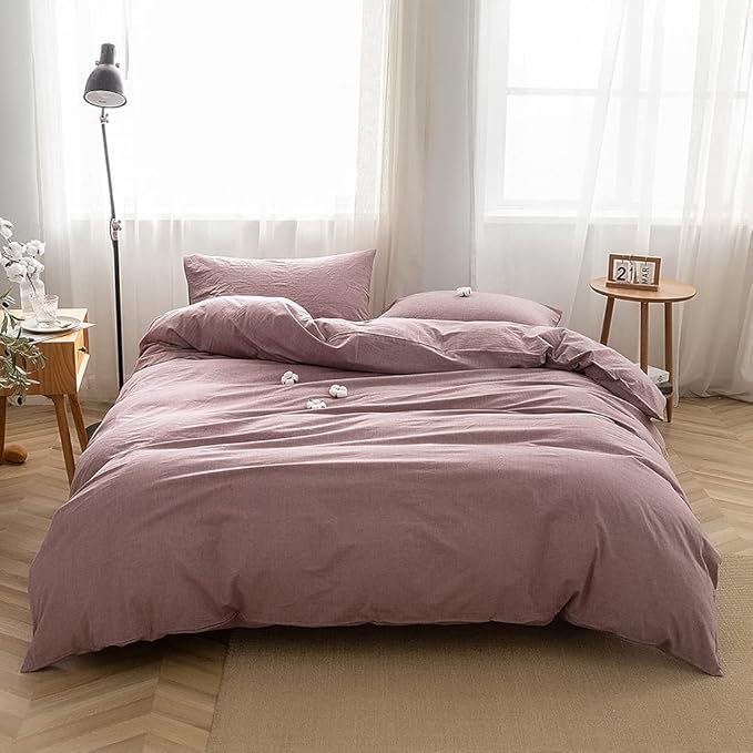 FACE TWO FACE Bedding Duvet Cover Set 3 Pieces 100% Washed Cotton Duvet Cover Linen Like Textured Breathable Durable Soft Comfy (King, Purple Bean Paste)