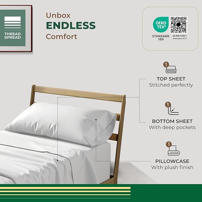 THREAD SPREAD 100% Organic Cotton Sheets Twin XL Size - 3 PC Organic Cotton Twin XL Size Percale Weave Sheet Set, Cooling, Crisp & Breathable, 16" Deep Pocket Bedding Set for Dorm Room - Light Grey