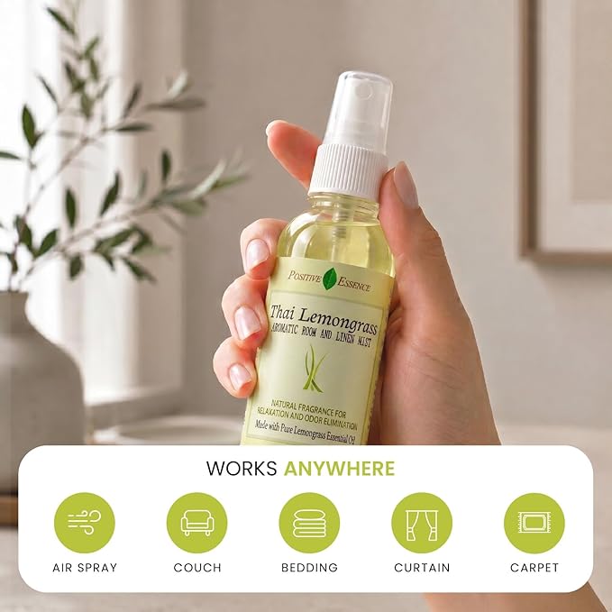 Thai Lemongrass Linen and Room Spray, Natural Air Freshener Made with Pure Lemongrass Essential Oil, Bathroom Air Freshener or Calming Pillow Spray