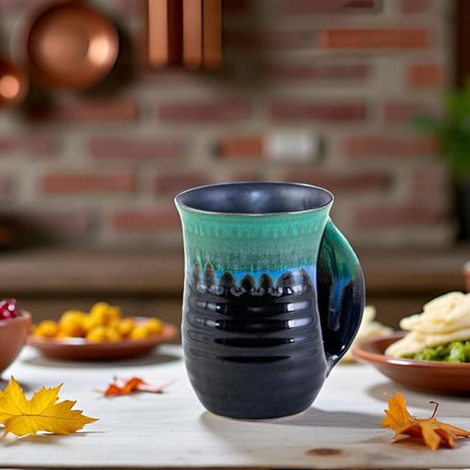 Hand Warmer Mug for Christmas - 16 Ounce Large Handwarmer Mugs Ceramic Handmade Pottery Gift for Holiday with Pocket Handle, Keep Your Fingers Warmth (Right Handed,Forest Green/Black)