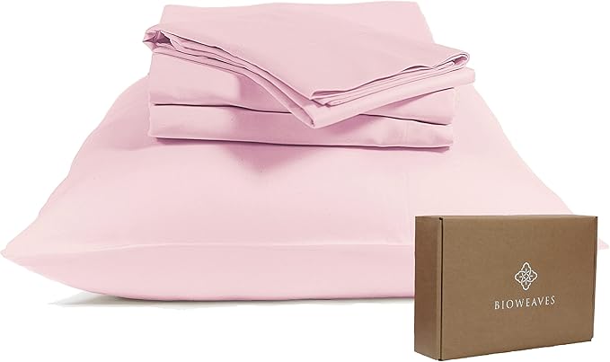 BIOWEAVES 100% Organic Cotton Sheets, 300 Thread Count 4-Piece GOTS Certified Bed Sheet Set Fits Mattress Upto 17" Deep Pocket, Soft & Silky Sateen Weave (King, Blush Pink)