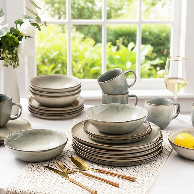 AmorArc Ceramic Dinnerware Sets,Handmade Reactive Glaze Stoneware Plates and Bowls Sets,Highly Scratch Resistant | Dishwasher & Microwave Safe Dishes Set,Service for 6 (18pc)