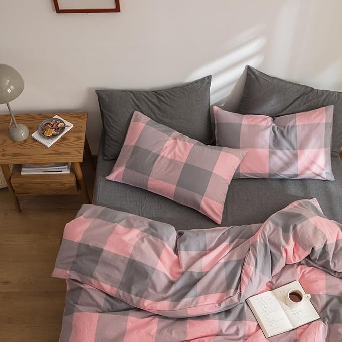 FACE TWO FACE Bedding Duvet Cover Set100% Washed Cotton Duvet Cover Linen Like Textured Breathable Durable Soft Comfy (Queen, Grey Powder Grid)