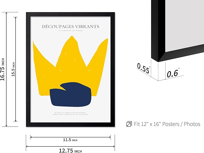 Monem Art Minimalist Crown Silhouette Print - Modern Abstract Shape Poster - Wall Decor for Living Room, Bedroom or Office - 12x16 Black Framed Wall Art by Rs Lab Studio