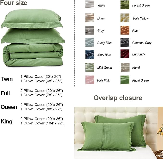 Simple&Opulence French Linen Duvet Cover Set- 104"x 92" - 3 Pieces (1 Comforter Cover,2 Pillowcases)-Natural Flax Cotton Blend-Solid Color Breathable Farmhouse Bedding - Khaki Green, King