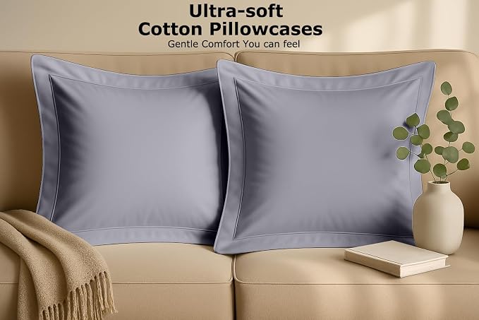 2 Pack Euro Pillow Shams 26x26 – 600 Thread Count 100% Organic Cotton Silver Square Pillow Covers with 2 Inch Flange, Soft & Smooth Premium Hotel-Quality Pillowcases Set of 2