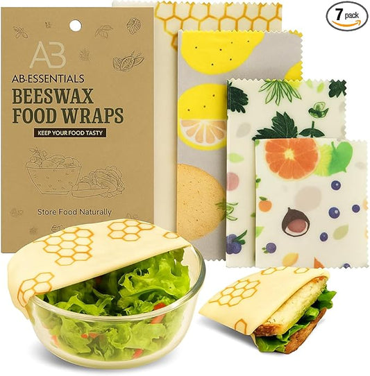 7 PCS Beeswax Wraps for Food – Reusable Bees Wax Wraps | Organic Beeswax Food Wrap for Sandwiches, Cheese, Vegetables & Bowls