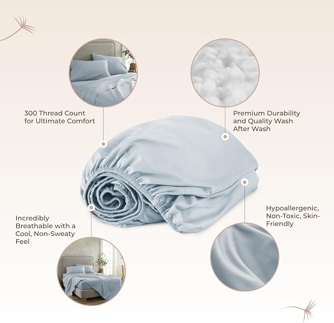 Whisper Organics, Full Bed Sheet - 100% Organic Cotton Fitted Sheet - 300 Thread Count, Fitted Sheet Only - GOTS Certified - Deep Pocket, Powder Blue Color (Full Size)
