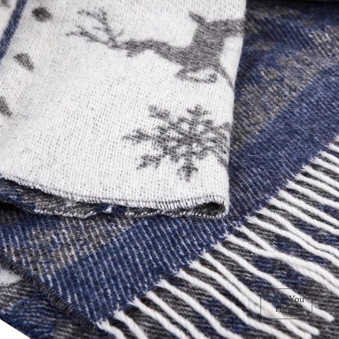 LYHome Merino Wool Blanket - Warm Throw for Cold Weather, Warmest Travel Outdoor Camping Blankets, Picnic Army and Military Throws, Comforter Soft & Cozy (55" x 79" Navy Blue with White Raindeers)