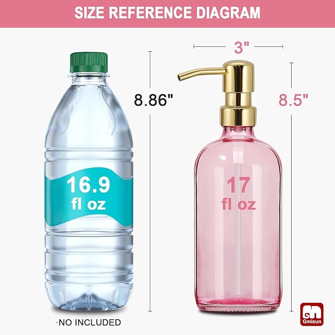 GMISUN Pink Soap Dispenser Bathroom, 1 Pack Glass Dish Soap Dispensers for Kitchen with Rustproof Plastic Gold Pump, 17 Fl Oz Bathroom Hand Soap Dispenser, Modern Liquid Dishwashing Dispensers Bottle