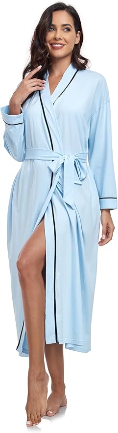 COLORFULLEAF 100% Cotton Women's Robes Summer Lightweight Kimono Soft Long Cotton Bathrobe for Women with Pockets