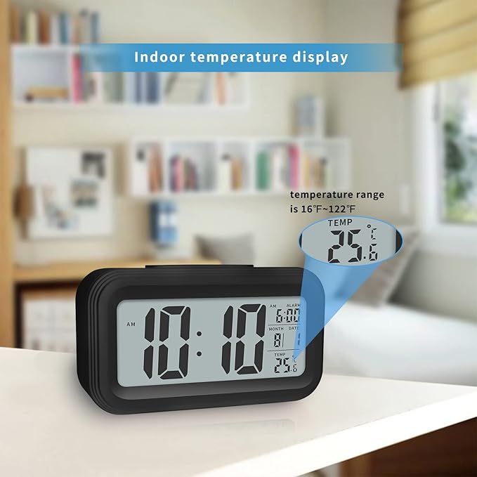 Digital Alarm Clock with Indoor Temperature, Battery Operated,Snooze Model,12/24H Display for Bedrooms Heavy Sleepers Kids Travel Bathroom Desk Smart Clock